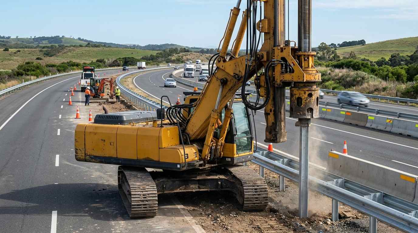 TeZhong TZ390 guardrail pile driver on a highway